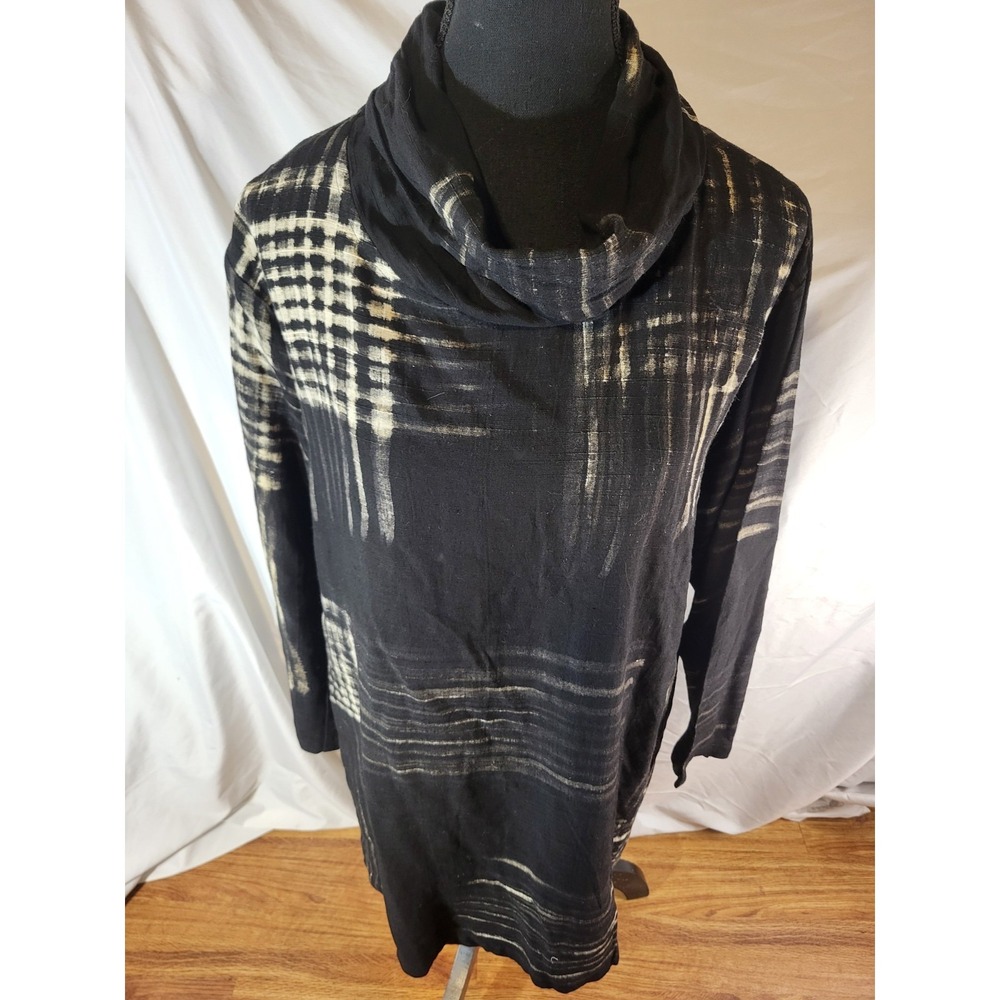 Neko Linen Blend Lagenlook Black Abstract Grid Size L Cowl Neck Tunic